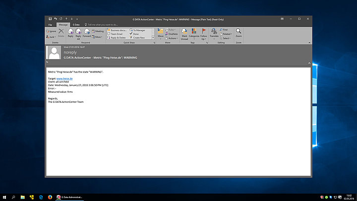Schermafbeelding G DATA ActionCenter - e-mail alarm
