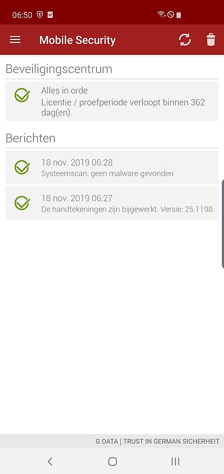 Screenshot G DATA Mobile Security Android – Beveiligingscentrum