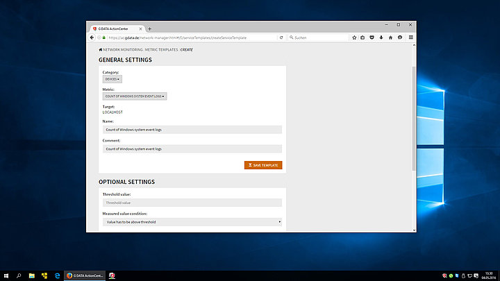 Schermafbeelding G DATA ActionCenter - sjablonen voor instellen parameters
